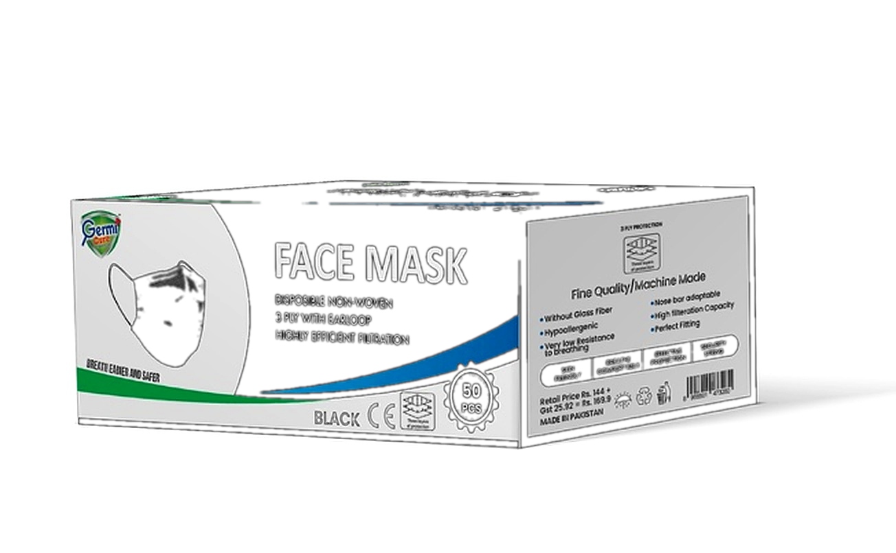 Germi Cure Face Mask BLACK 65 gsm 3-Ply Ultrasonic Punch PVC Coating Nose Pin 50 Mask/Box 48/Box per Carton