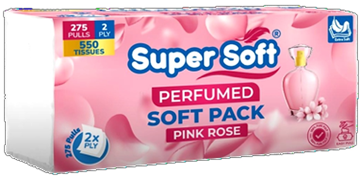 Super Soft Soft Pack Perfumed 275 x 2 Ply = 550 Tissue Tissue Size 20x20cm Pure Imported Paper 13.7gsm 40/Pkt per carton