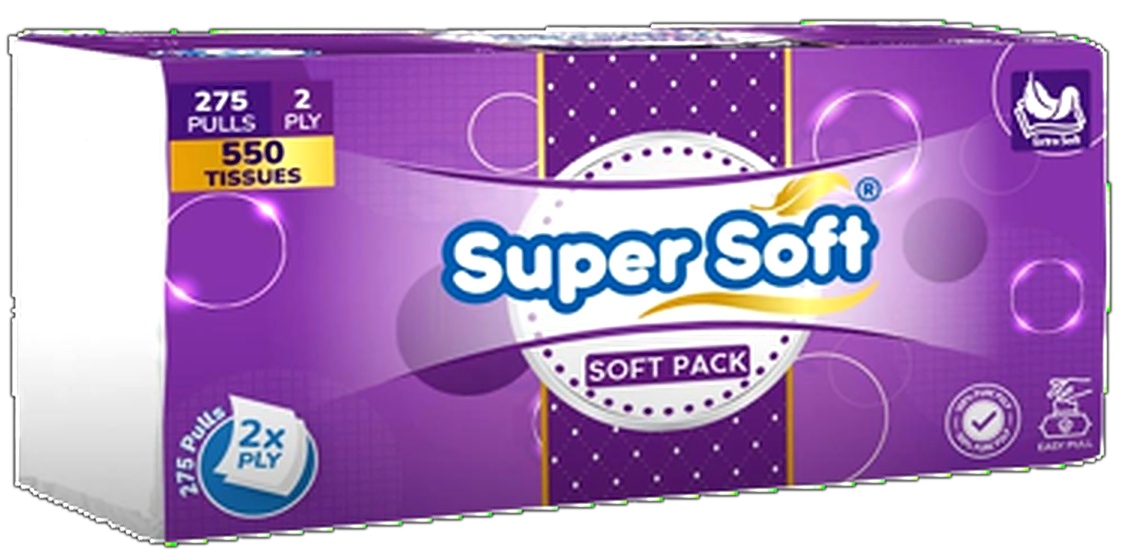 Super Soft Soft Pack 275 x 2 Ply = 550 Tissue Tissue Size 20x20cm Pure Imported Paper 13.7gsm 40/Pkt per carton