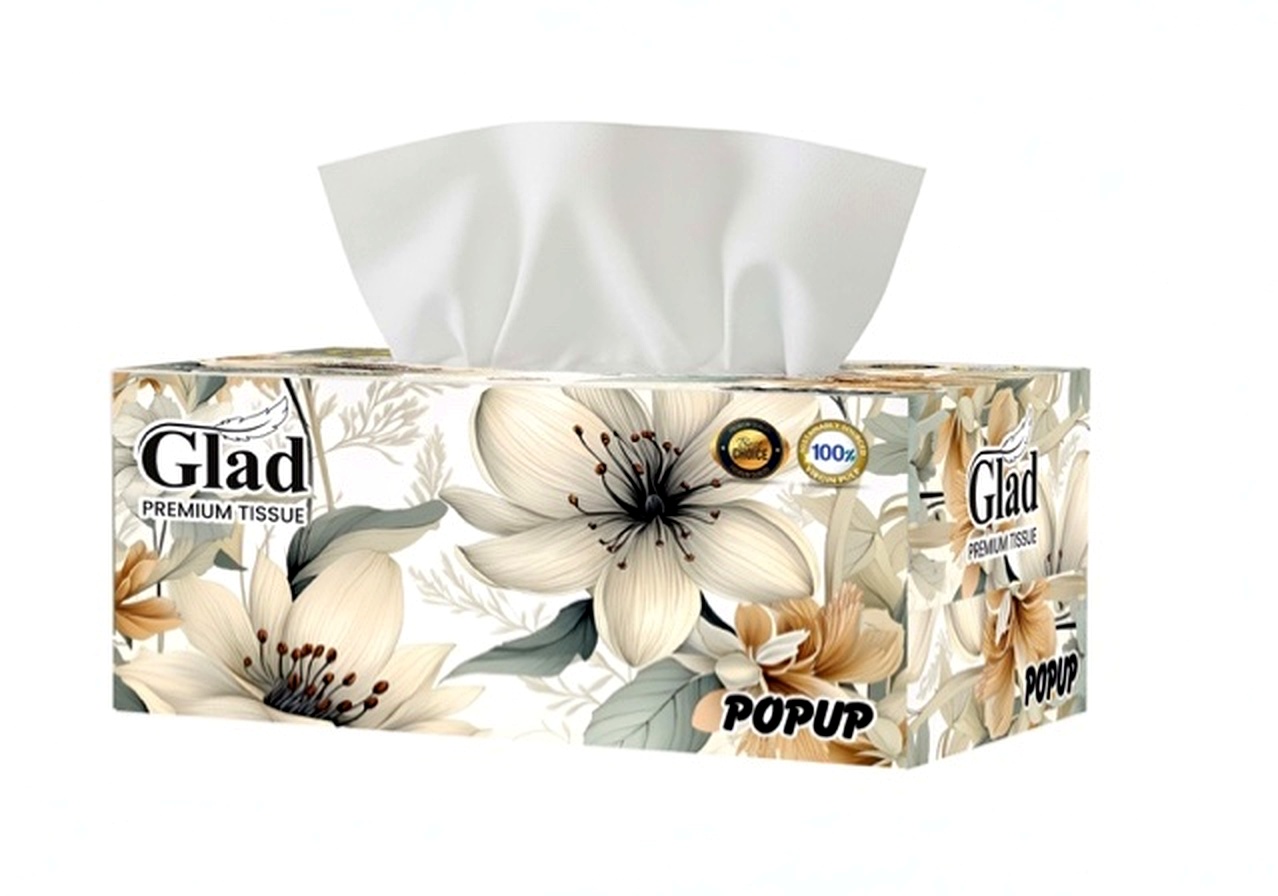 GLAD Tissue Box Popup Tissue Size 15x20cm 150x2 Ply = 300 Tissues Recycled Tissue Paper Bux Board with Recycled Tissue 36/Box per carton